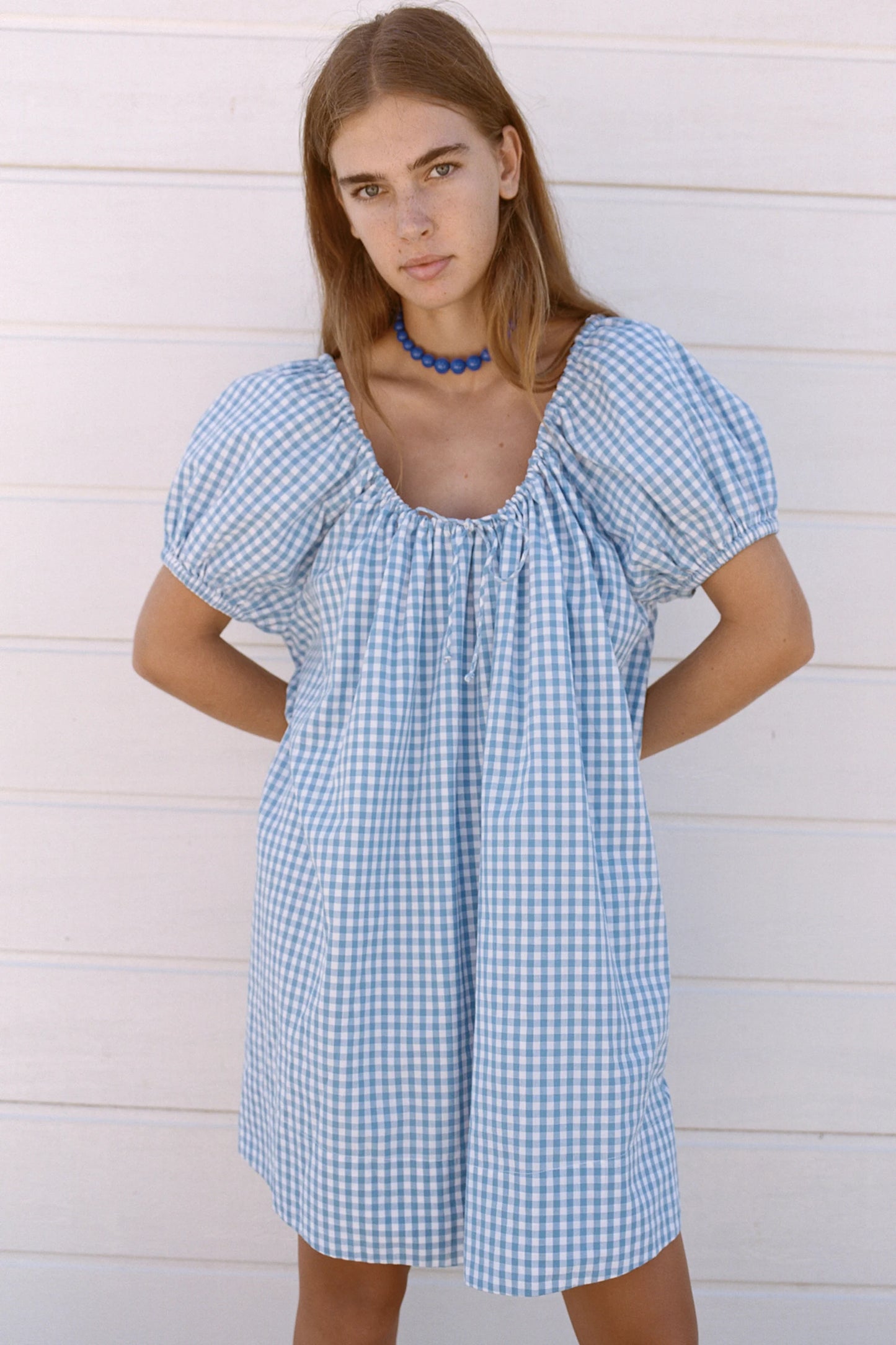 Oak Meadow - Everyday Drawcord Dress in Baby Blue Gingham