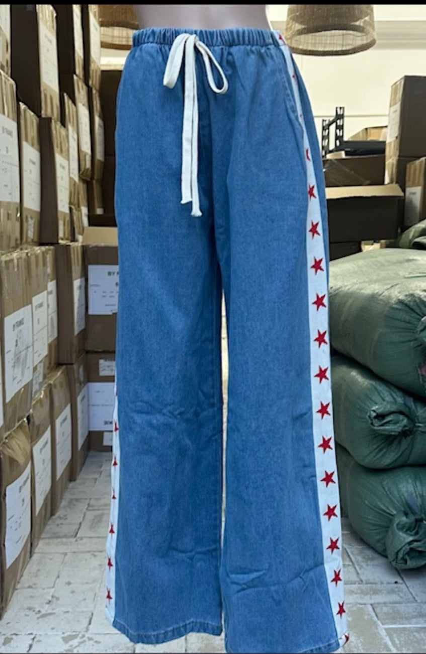 By Frankie - Blue Denim Red Star Pants