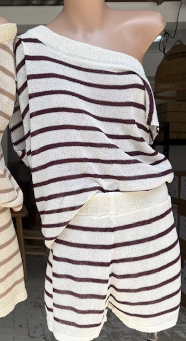 By Frankie - Off Shoulder Knit Set White/Plum Stripe