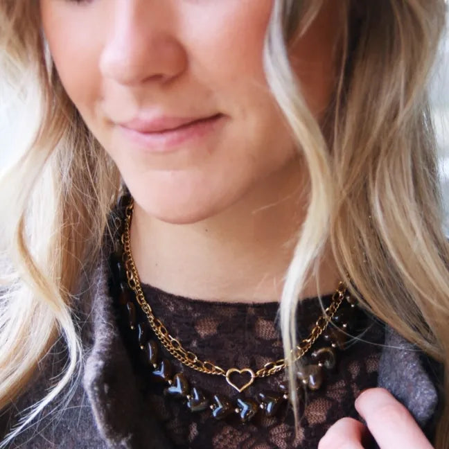 Bazon - Resin Small Heart Bead Necklace Brown