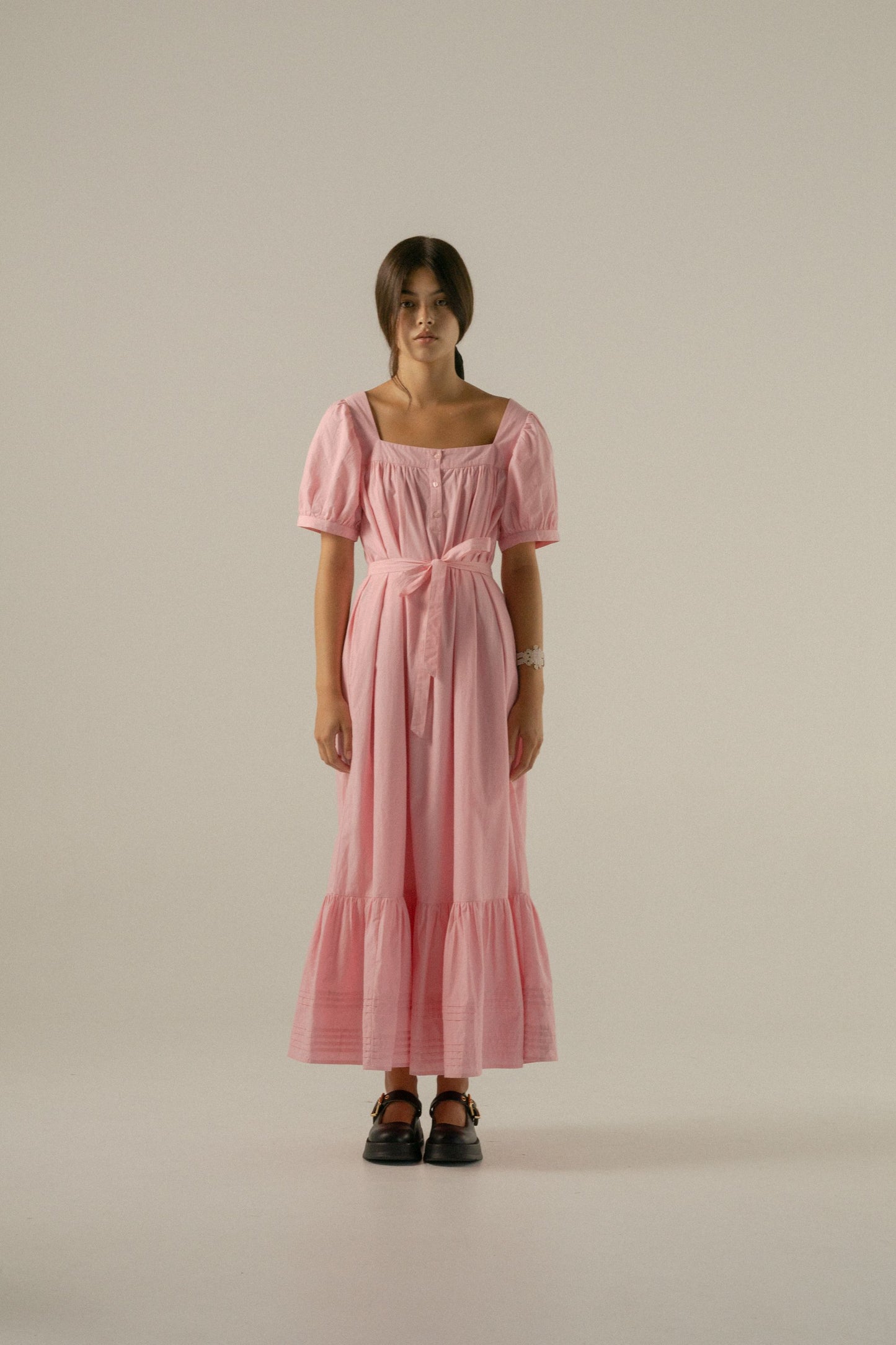 Oak Meadow - Gigi Midi Dress in Juni Rose Pinstripe