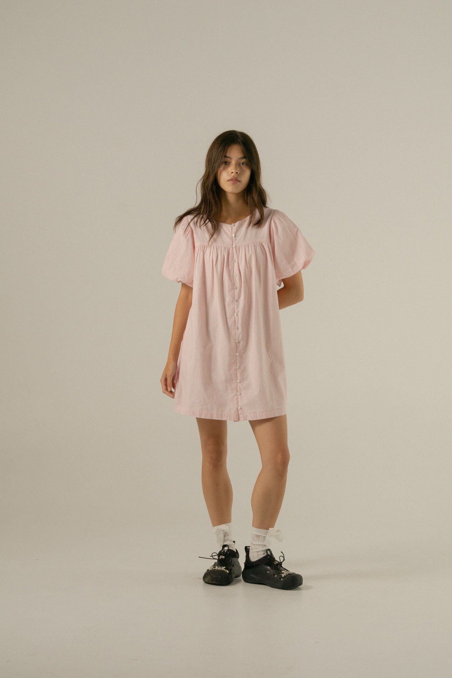 Oak Meadow - Andi Puff Mini Dress in Rosewater Stripe