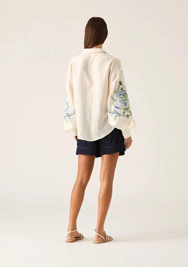 MOS The Label - Marcela Embroidery Blouse in Ivory Blue