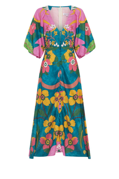 Bohemian Traders - Vivid Puff Sleeve Midi Dress In Aqua