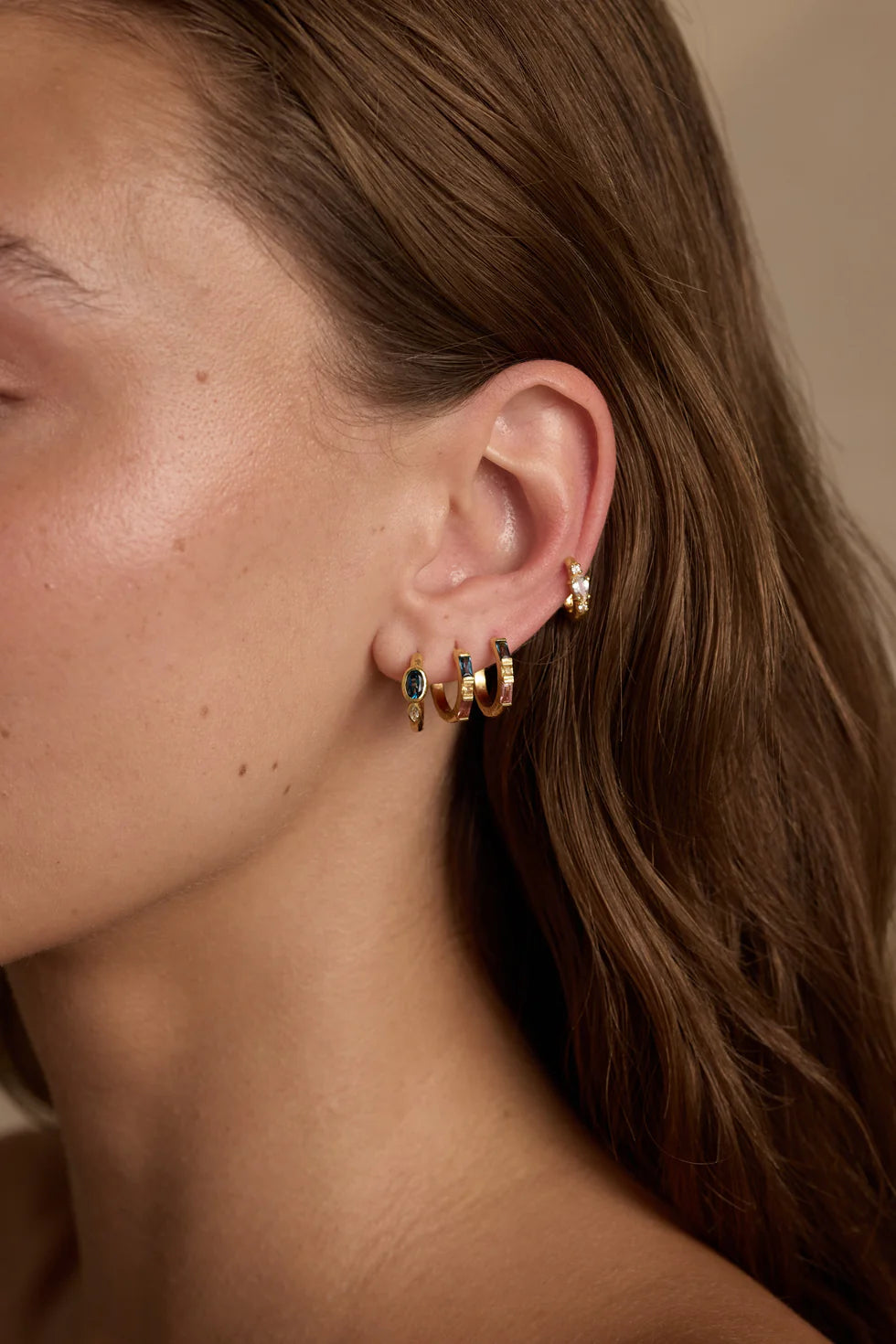 Toni May - London Blue Topaz Textured Gold Huggies