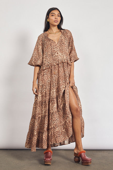 Bohemian Traders - Leopard Print Ruffle Neck Maxi Dress in Brown