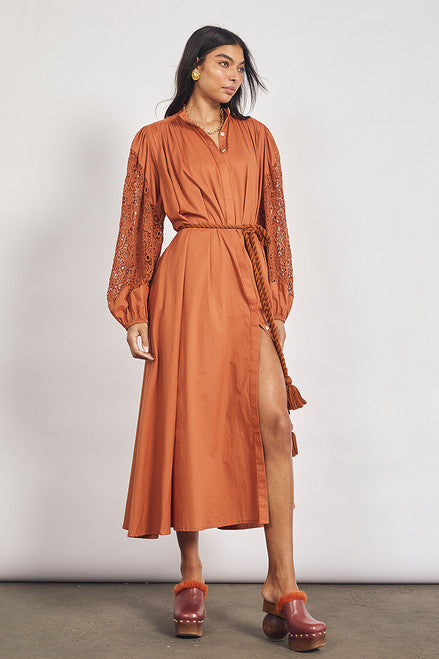 Bohemian Traders - Crochet Detail Midi Dress in Rust