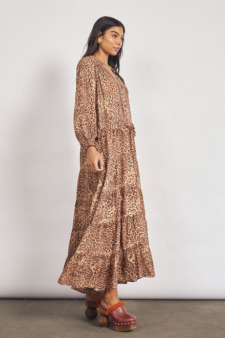 Bohemian Traders - Leopard Print Ruffle Neck Maxi Dress in Brown