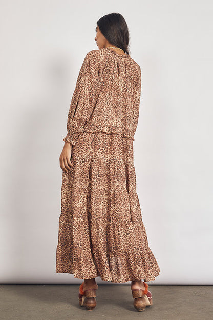 Bohemian Traders - Leopard Print Ruffle Neck Maxi Dress in Brown