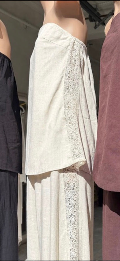 By Frankie - Lace Trim Strapless Pant Set Oatmeal