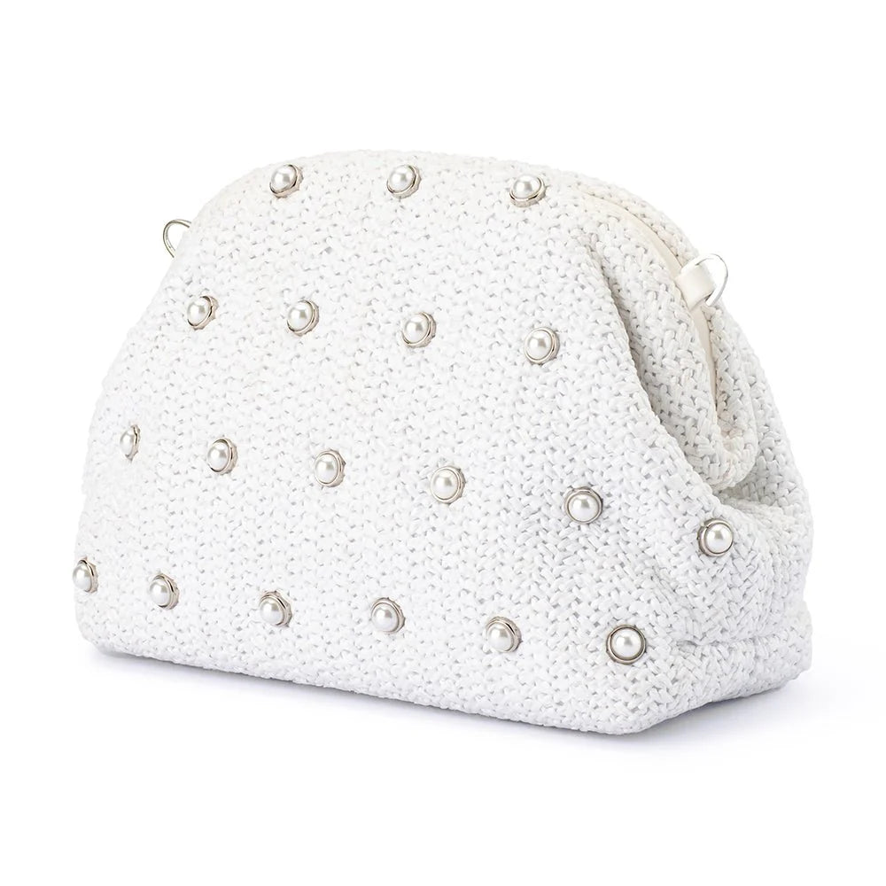 Olga Berg - Kaia Studded Woven Clutch White