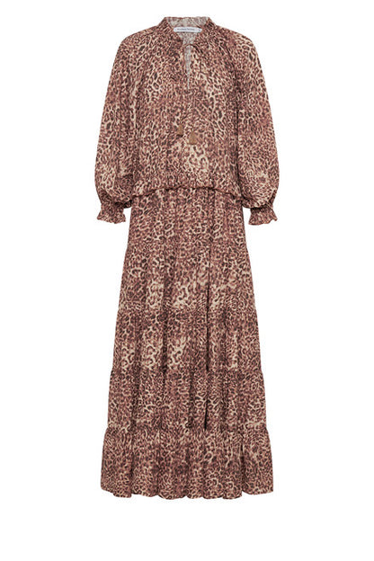 Bohemian Traders - Leopard Print Ruffle Neck Maxi Dress in Brown