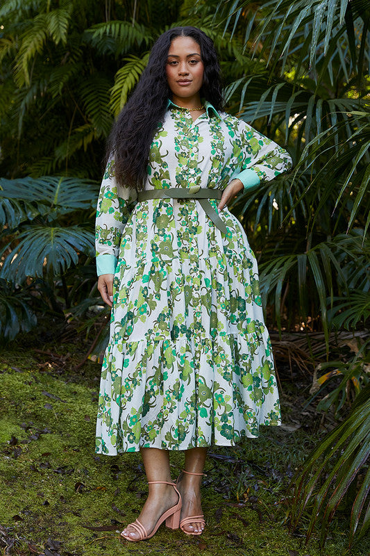 Bohemian Traders - Jungle Tiered Floral Shirt Dress in Green