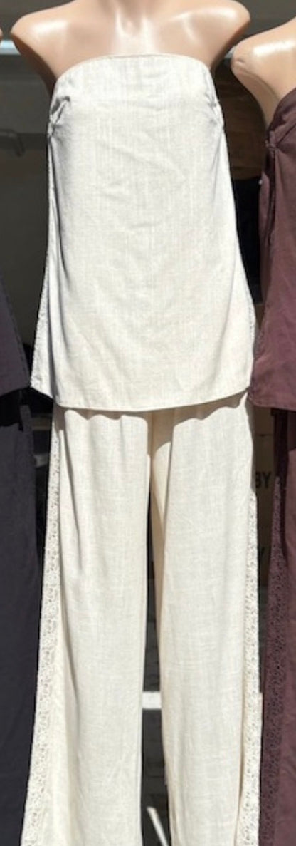 By Frankie - Lace Trim Strapless Pant Set Oatmeal