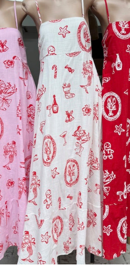 By Frankie - White/Red Santa Print Maxi Dress