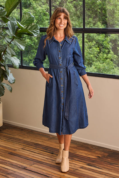 Adrift - Abbey Chambray Dress in Mid Wash