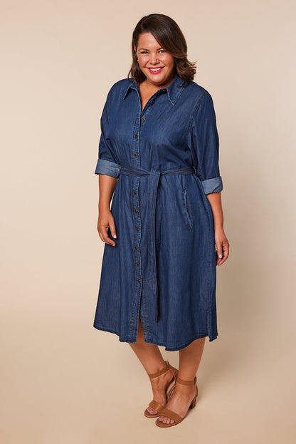 Adrift - Abbey Chambray Dress in Mid Wash