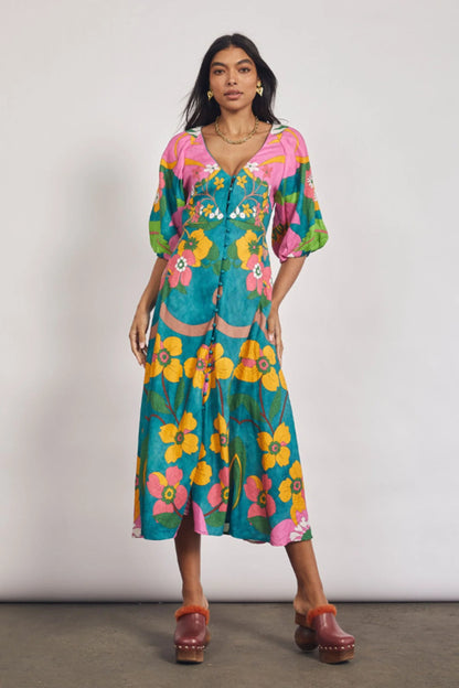 Bohemian Traders - Vivid Puff Sleeve Midi Dress In Aqua