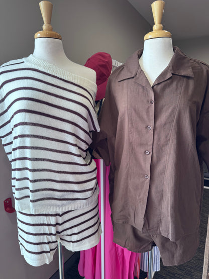 By Frankie - Off Shoulder Knit Set White/Plum Stripe