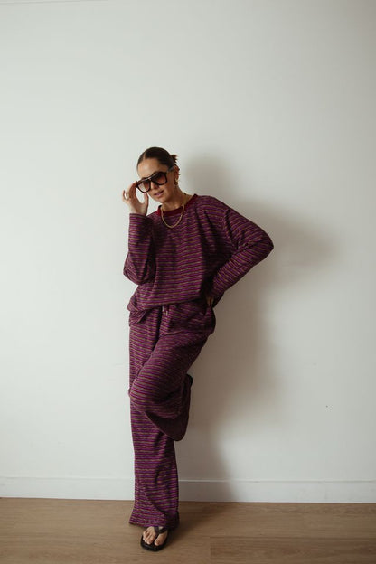 ALAKAI - Caspia Long Sleeve Crew Neck Knit Top Plum Stripe