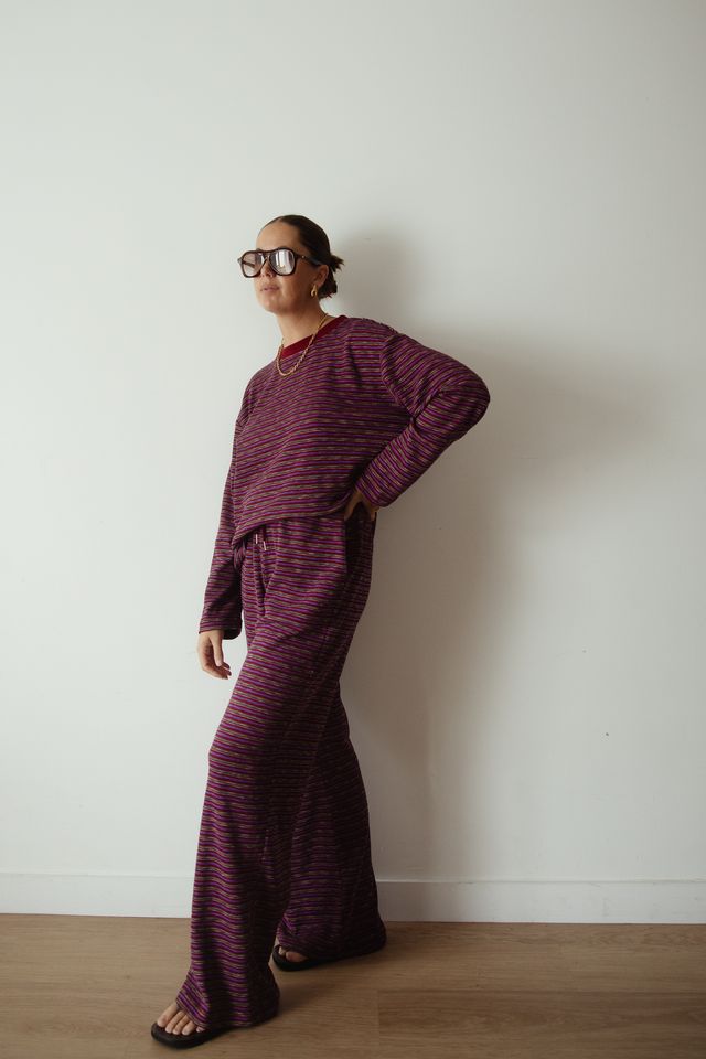 ALAKAI - Caspia Long Sleeve Crew Neck Knit Top Plum Stripe