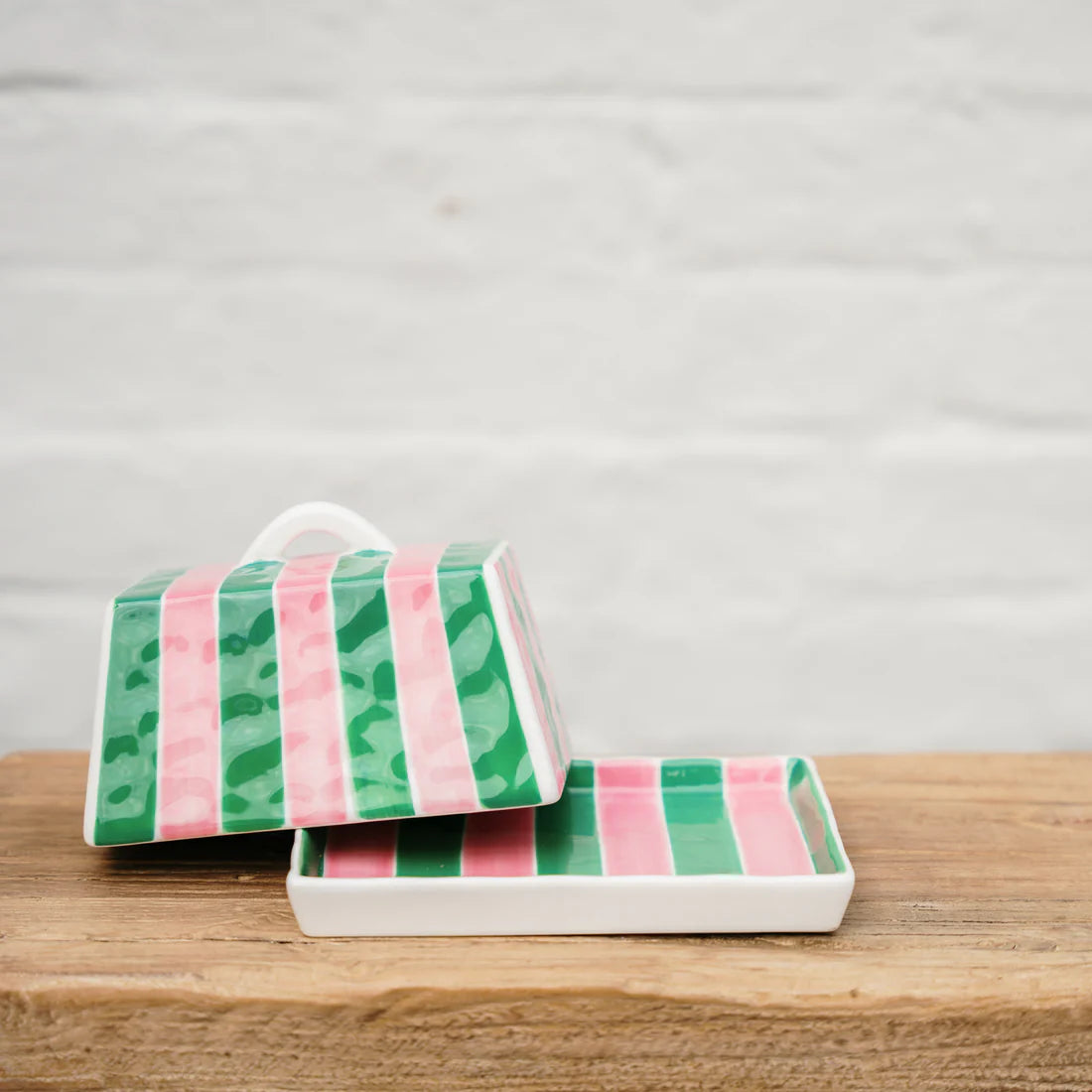 Noss & Co - Large Butter Dish Pink & Green Stripe
