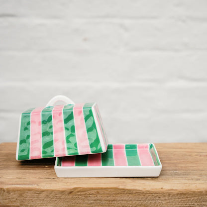 Noss & Co - Large Butter Dish Pink & Green Stripe