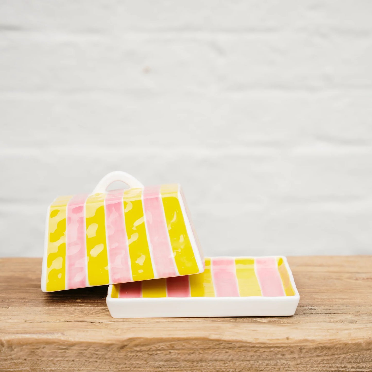 Noss & Co - Large Butter Dish Pink & Yellow Stripe