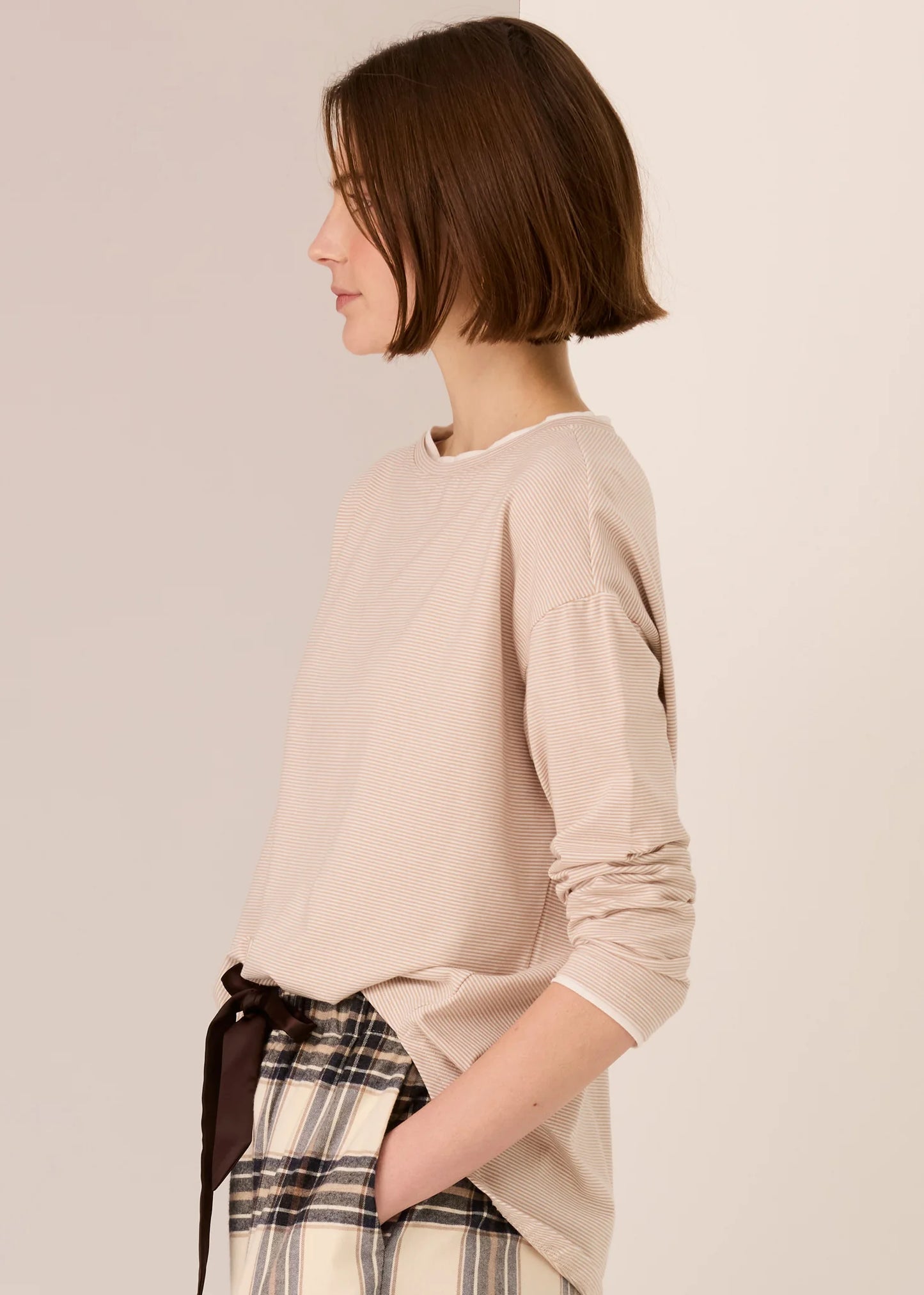 POL - Mannix Stripe Long Sleeve Tee Pebble/White