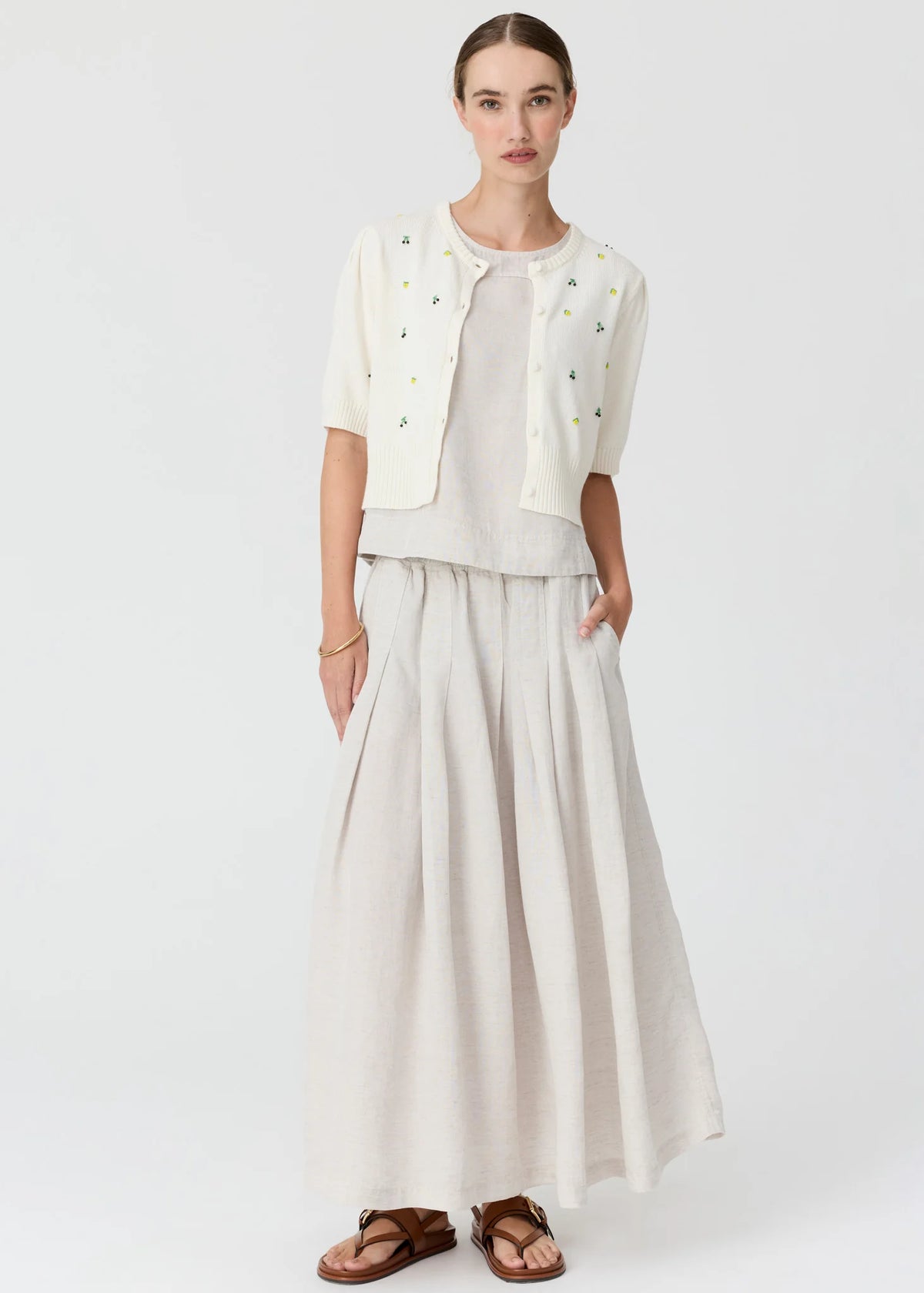 POL - Viloa Beaded Short Sleeve Cardigan Chalk