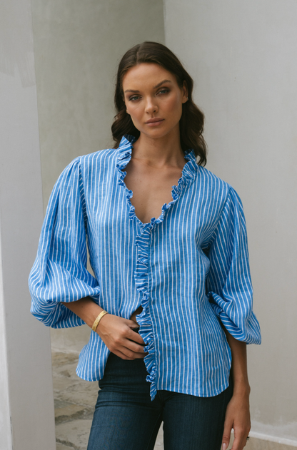 LJC Designs - Olive Ruffle Shirt Ocean Stripe Linen