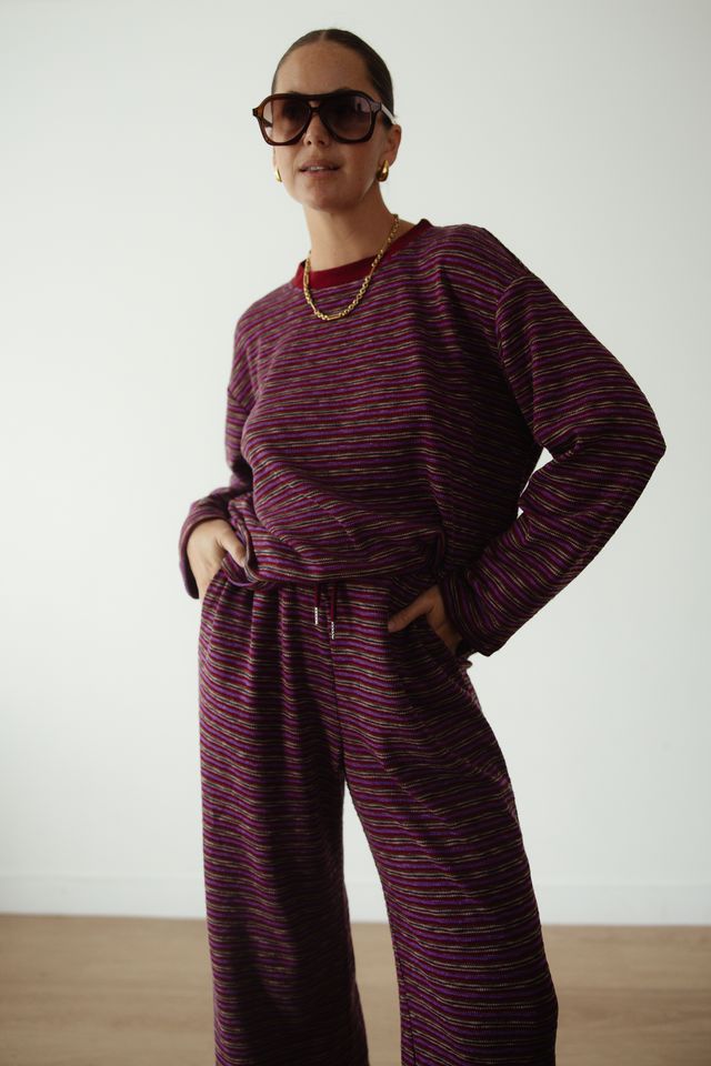 ALAKAI - Caspia Long Sleeve Crew Neck Knit Top Plum Stripe