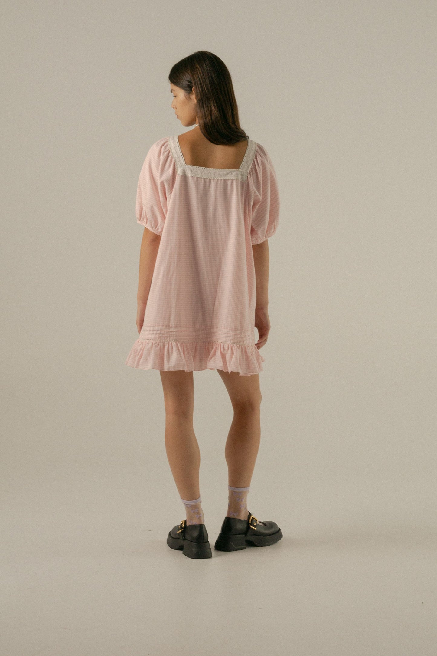 Oak Meadow - Mila Mini Dress in Baby Pink Gingham