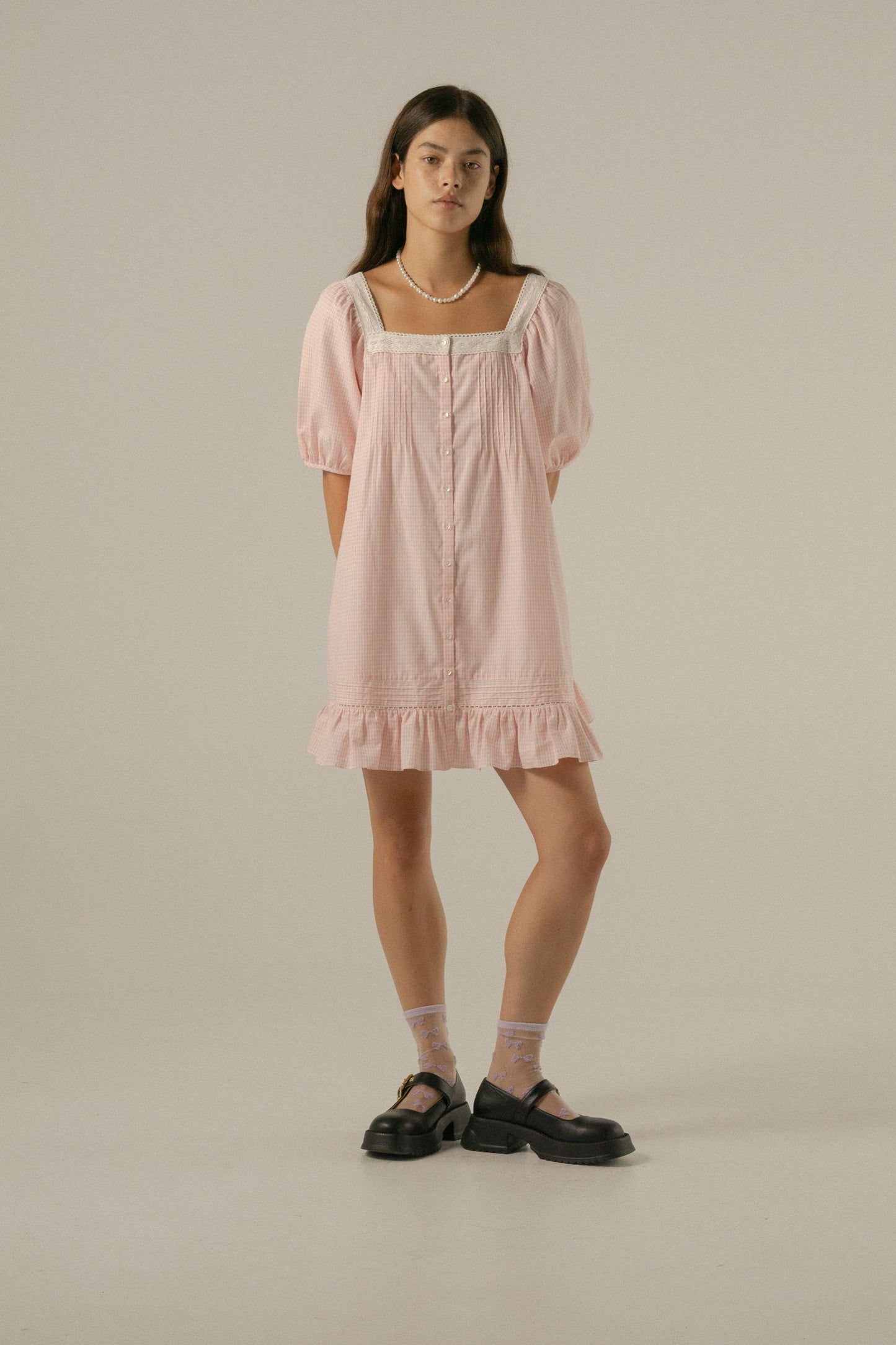 Oak Meadow - Mila Mini Dress in Baby Pink Gingham