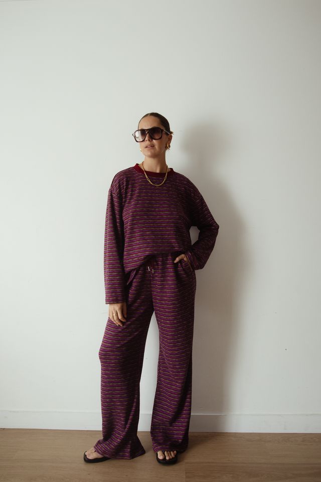 ALAKAI - Caspia Long Sleeve Crew Neck Knit Top Plum Stripe