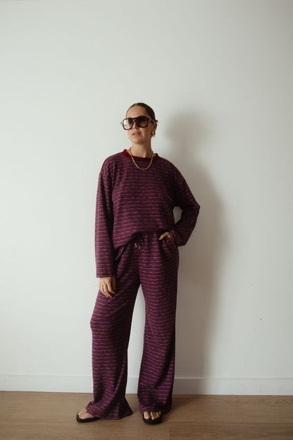 ALAKAI - Caspia Long Sleeve Crew Neck Knit Top Plum Stripe