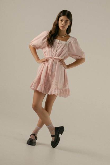 Oak Meadow - Mila Mini Dress in Baby Pink Gingham